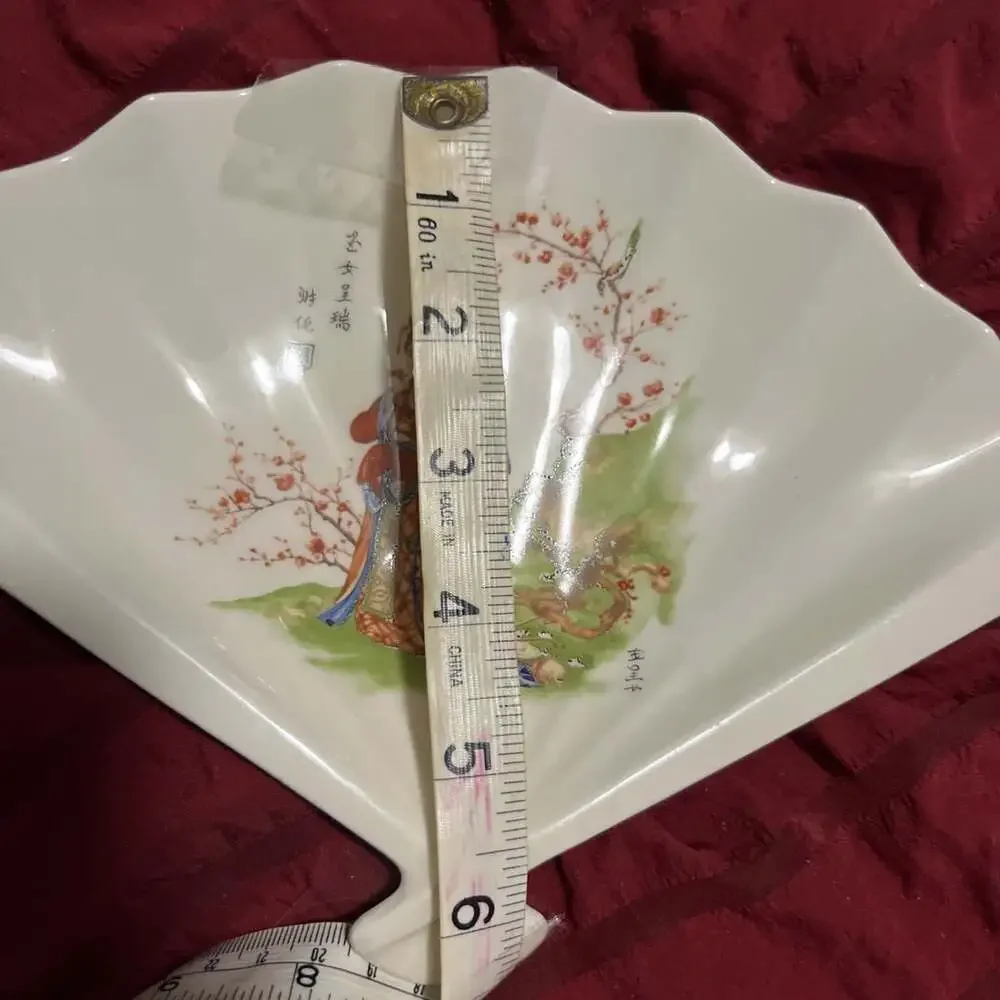 Chinese Fan Shaped Ceramic Trinket 10” “Jade Maidens Auspicious Blessings”